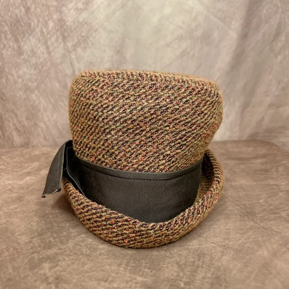 Vintage 60s Cedarbrook Orange Tapestry Derby Bucket Hat Cloche Bow Retro